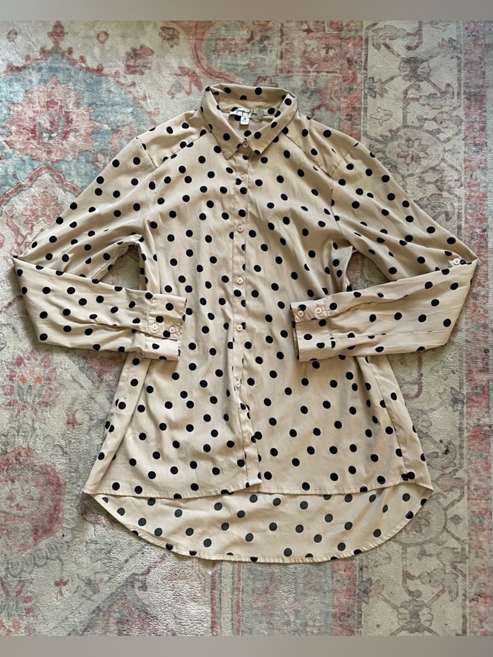 Beige Polka Dot Button-Up Blouse